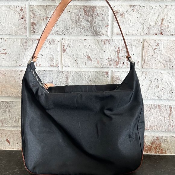 Kate Spade Purse, Black Nylon with Camel Leather Trim, Shoulder Strap Zipper Top - Picture 7 of 9